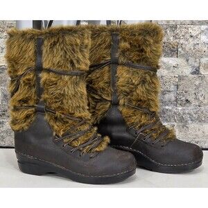 Sanita Wixen Winter Boots Leather Fur Danish Clog Brown Yeti Rare Women 39 | 8.5